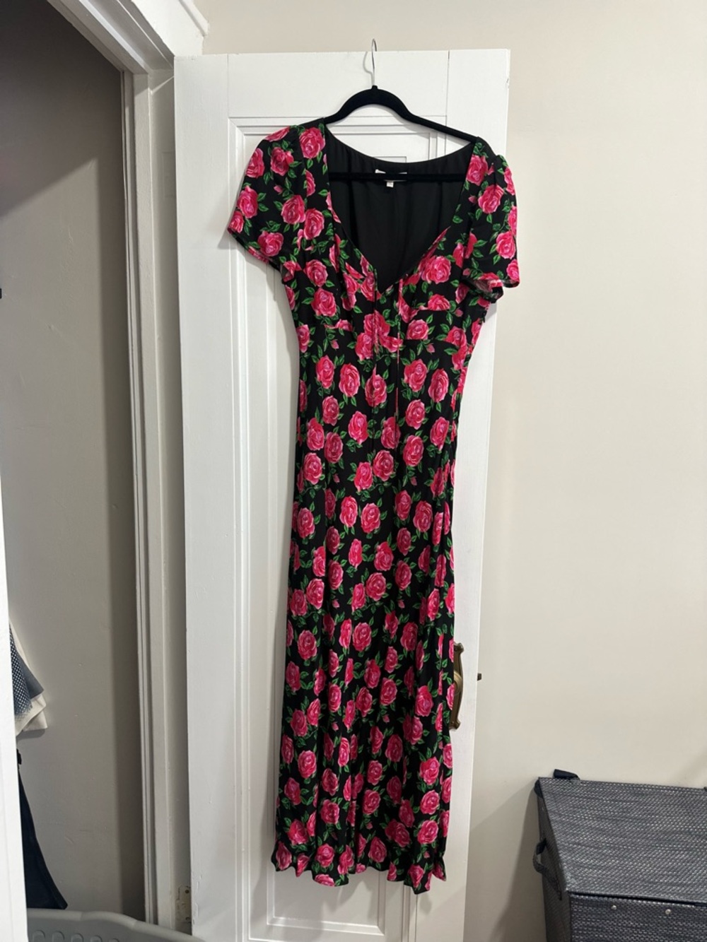 Wayf Black Maxi Dress with Pink Rose Print